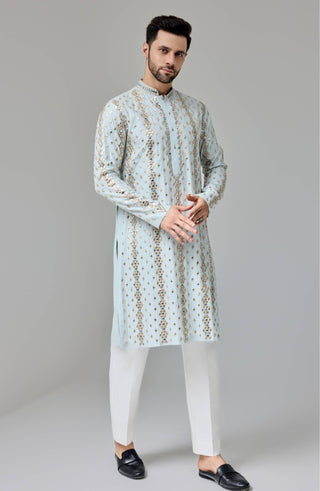 Light blue leather patch mirror kurta and pants