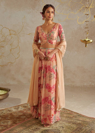 Beige Georgette Printed Lehenga Set by Chhavvi Aggarwal available on Indiaspopup.com