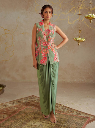 Sage Green Printed Jacket And Skirt Set by Chhavvi Aggarwal available on Indiaspopup.com