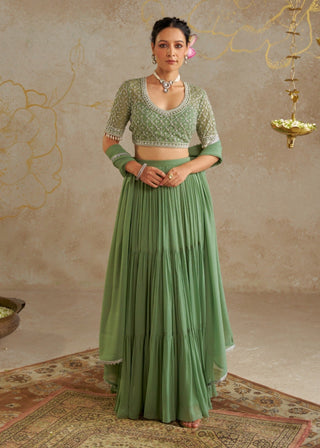 Jade Tiered Lehenga Set by Chhavvi Aggarwal available on Indiaspopup.com