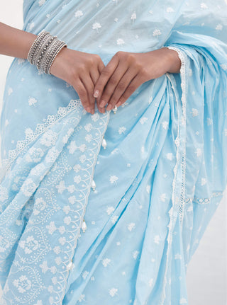 Mulmul-Blue Chikli Cotton Sari And Unstitched Blouse-INDIASPOPUP.COM