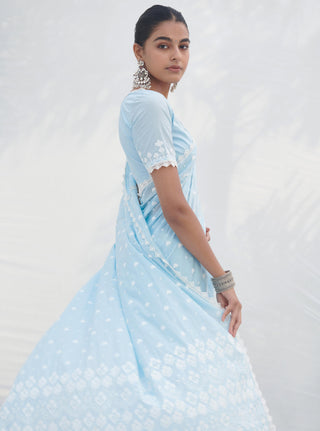 Mulmul-Blue Chikli Cotton Sari And Unstitched Blouse-INDIASPOPUP.COM