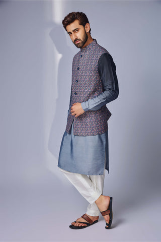 Chatenya Mittal-Grey Print Linen Nehru Jacket Set-INDIASPOPUP.COM