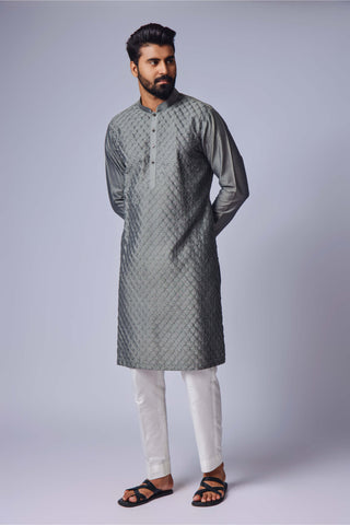 Chatenya Mittal-Grey Pintux Kurta And Pant-INDIASPOPUP.COM