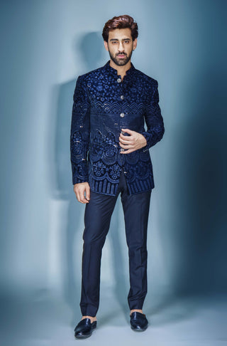 Chatenya Mittal-Navy Blue Sequins Bandhgala And Pant-INDIASPOPUP.COM