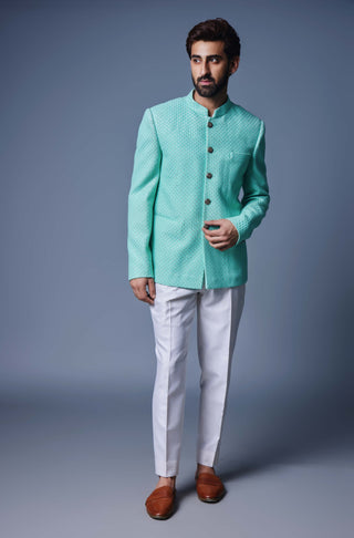 Chatenya Mittal-Sea Green Bandgala And Pant-INDIASPOPUP.COM