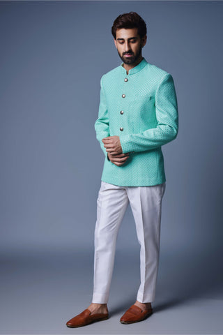 Chatenya Mittal-Sea Green Bandgala And Pant-INDIASPOPUP.COM