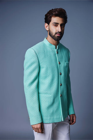 Chatenya Mittal-Sea Green Bandgala And Pant-INDIASPOPUP.COM