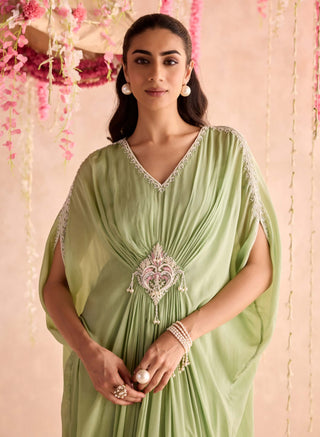 Mint green embellished full-length draped kaftan