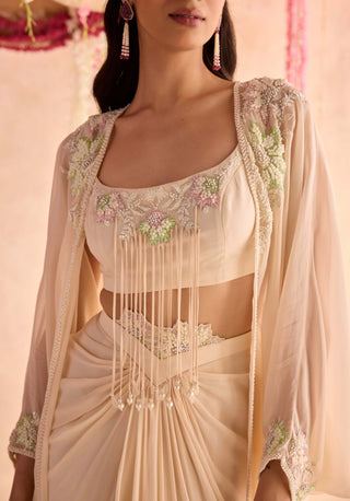 Ivory embellished choli and cape with draped skirt