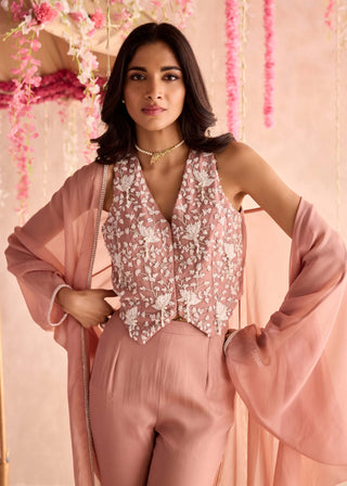 Champagne embellished waistcoat, pants and cape set