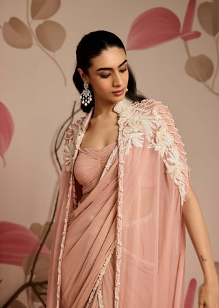 Dusty pink embellished cape jacket and draped sari set