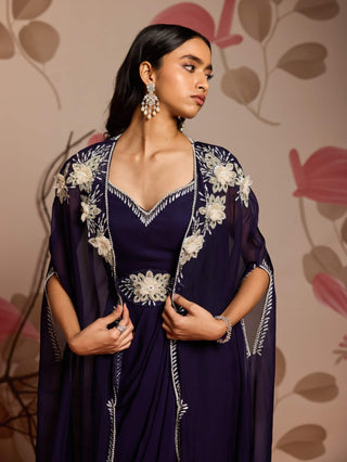 Midnight blue cape jacket and dhoti style sari with belt