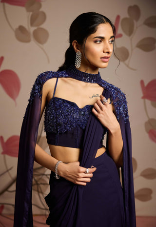 Midnight blue choli with slit sari and cape