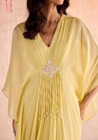 Lemon yellow embellished full-length draped kaftan