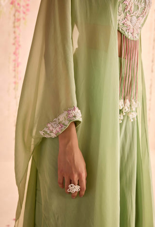 Mint green embellished choli with attached cape and sharara