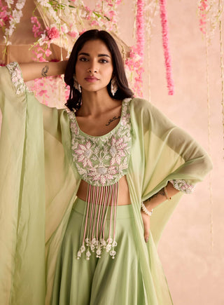 Mint green embellished choli with attached cape and sharara