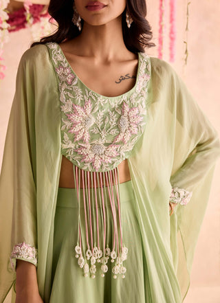 Mint green embellished choli with attached cape and sharara