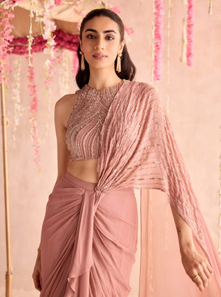 Champagne rose embellished blouse and predraped sari