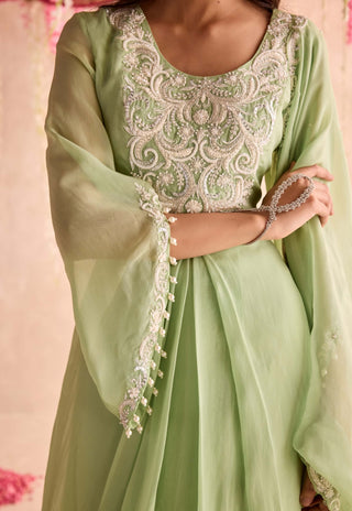 Mint green embellished pleated kurta and salwar set