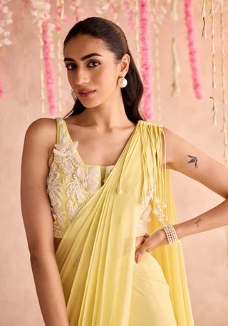 Lemon yellow embellished choli and pre-draped sari