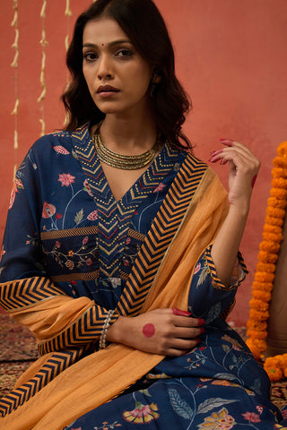 Blue Bela Chintz Embroidered Anarkali Set by Shivani Bhargava available on Indiaspopup.com