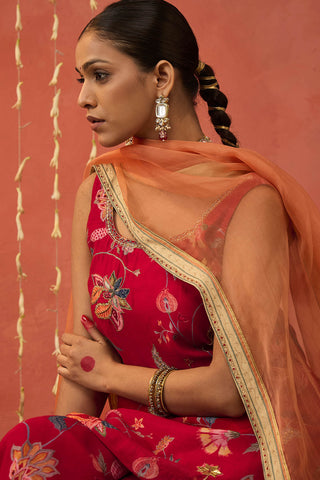 Red Diyac Chintz Embroidered Short Kurta And Sharara Set by Shivani Bhargava available on Indiaspopup.com