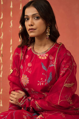 Red Kalyani Chintz Anarkali Set by Shivani Bhargava available on Indiaspopup.com