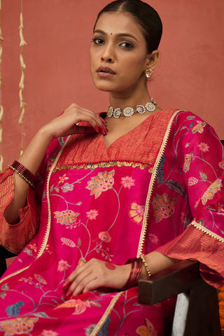 Red Rati Chintz Chanderi Short Kurta And Dhoti by Shivani Bhargava available on Indiaspopup.com