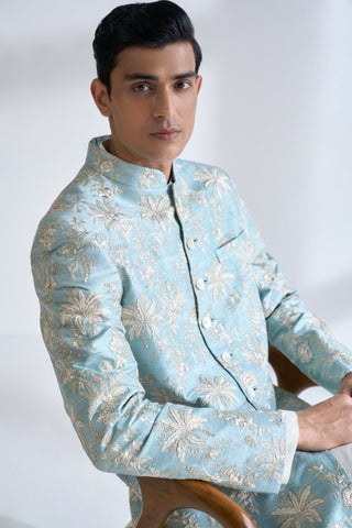 Powder blue zari embroidered sherwani set