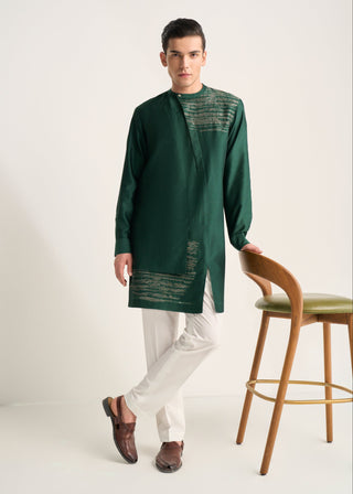 Bottle green zari embroidered layered kurta set