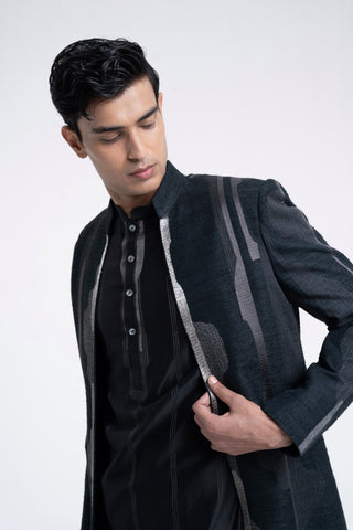 Black front open zari embroidered sherwani set