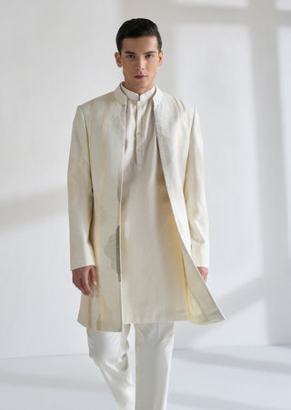 Ivory front open zari embroidered sherwani set