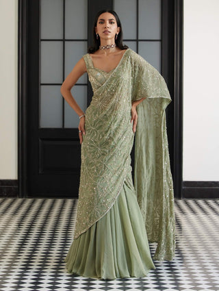 Frida Sage Green Lehenga Sari And Blouse by Charu & Vasundhara available on Indiaspopup