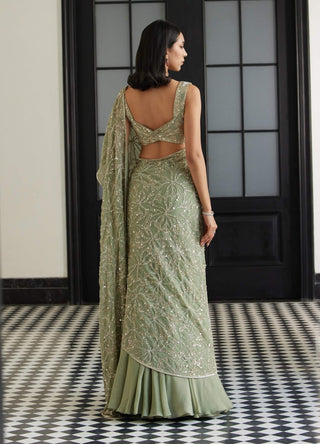 Frida Sage Green Lehenga Sari And Blouse by Charu & Vasundhara available on Indiaspopup