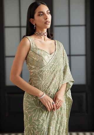 Frida Sage Green Lehenga Sari And Blouse by Charu & Vasundhara available on Indiaspopup