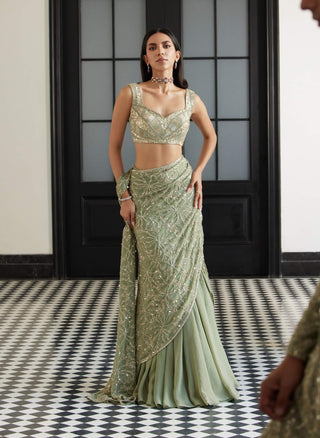 Frida Sage Green Lehenga Sari And Blouse by Charu & Vasundhara available on Indiaspopup