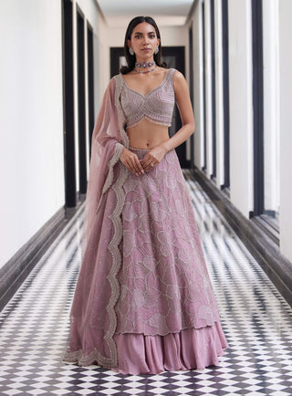 Fawcett Pink Layered Lehenga Set by Charu & Vasundhara available on Indiaspopup