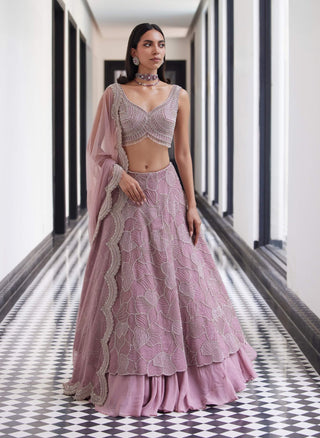 Fawcett Pink Layered Lehenga Set by Charu & Vasundhara available on Indiaspopup