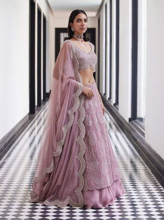 Fawcett Pink Layered Lehenga Set by Charu & Vasundhara available on Indiaspopup