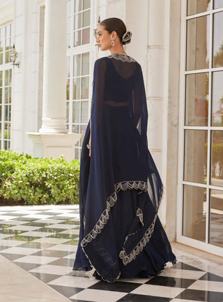 Charu & Vasundhara-Suha Navy Blue Cape And Skirt Set-INDIASPOPUP.COM