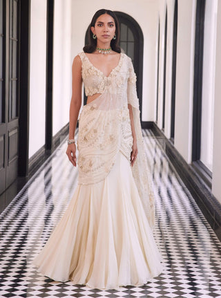 Felicity Ivory Draped Sari And Blouse by Charu & Vasundhara available on Indiaspopup