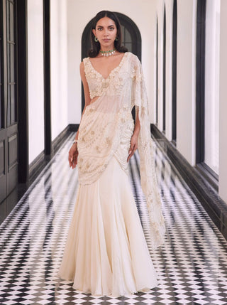 Felicity Ivory Draped Sari And Blouse by Charu & Vasundhara available on Indiaspopup
