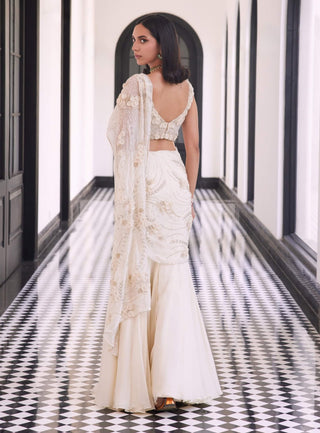 Felicity Ivory Draped Sari And Blouse by Charu & Vasundhara available on Indiaspopup