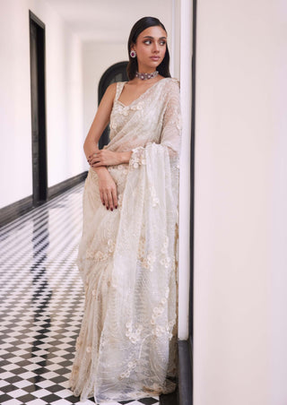 Felina Ivory Embroidered Sari And Blouse by Charu & Vasundhara available on Indiaspopup