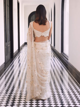 Felina Ivory Embroidered Sari And Blouse by Charu & Vasundhara available on Indiaspopup