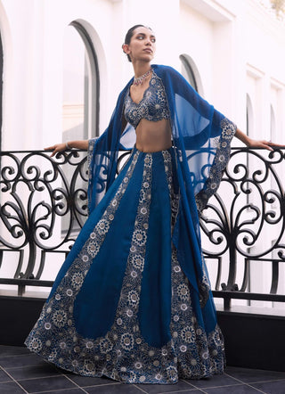 Farah Blue Lehenga And Cape Set by Charu & Vasundhara available on Indiaspopup