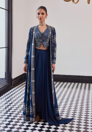 Fallon Moody Blue Long Jacket, Skirt And Waistcoat by Charu & Vasundhara available on Indiaspopup
