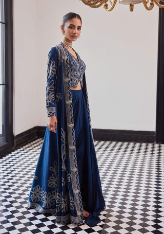 Fallon Moody Blue Long Jacket, Skirt And Waistcoat by Charu & Vasundhara available on Indiaspopup
