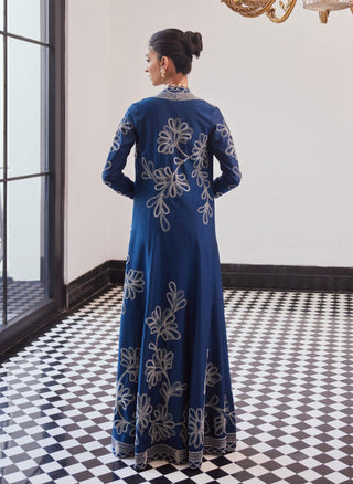 Fallon Moody Blue Long Jacket, Skirt And Waistcoat by Charu & Vasundhara available on Indiaspopup